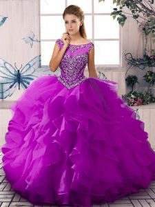 Organza Scoop Sleeveless Zipper Beading and Ruffles Sweet 16 Dresses in Purple