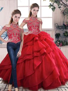 Dynamic Organza Halter Top Lace Up Beading and Ruffles Sweet 16 Quinceanera Dress in Red