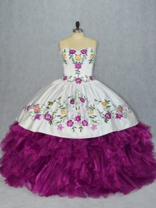 Custom Fit Floor Length Fuchsia Quinceanera Dress Organza Sleeveless Embroidery and Ruffles