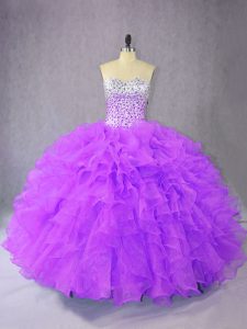 Fashion Sleeveless Floor Length Beading and Ruffles Lace Up Quinceanera Dress with Purple