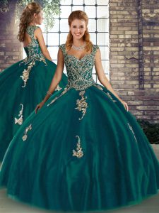 Peacock Green Sleeveless Floor Length Beading and Appliques Lace Up Sweet 16 Dress