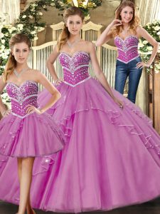 Sweetheart Sleeveless Quinceanera Dress Floor Length Beading Lilac Tulle