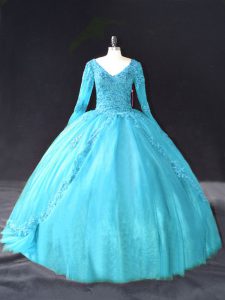 Simple Tulle V-neck Long Sleeves Lace Up Lace and Appliques 15 Quinceanera Dress in Aqua Blue