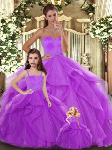 Sweetheart Sleeveless Vestidos de Quinceanera Floor Length Beading and Ruffles Lilac Tulle