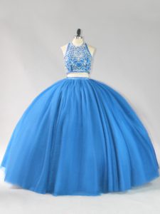 Two Pieces Quinceanera Gown Blue Strapless Tulle Sleeveless Floor Length Backless