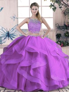 Purple Scoop Neckline Beading and Lace and Ruffles Quince Ball Gowns Sleeveless Lace Up