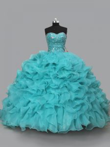 Aqua Blue Lace Up Sweetheart Beading and Ruffles Quinceanera Gown Organza Sleeveless