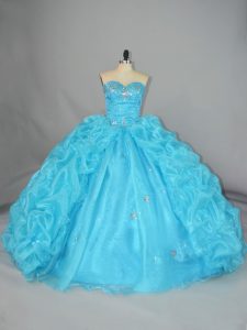 Chic Blue Ball Gowns Embroidery and Ruffles Quinceanera Gown Lace Up Organza Sleeveless Floor Length