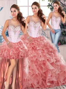 Graceful Sleeveless Floor Length Beading and Ruffles Clasp Handle Sweet 16 Dress with Watermelon Red