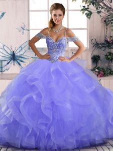 Lavender Tulle Lace Up Off The Shoulder Sleeveless Asymmetrical Sweet 16 Dress Beading and Ruffles