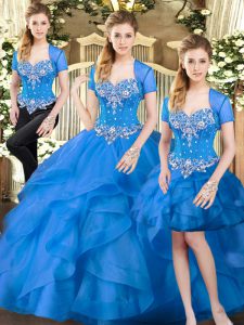 Traditional Beading and Ruffles Sweet 16 Dress Blue Lace Up Sleeveless Floor Length