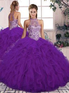 Purple Sleeveless Beading and Ruffles Floor Length Vestidos de Quinceanera