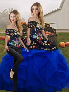 Inexpensive Floor Length Blue And Black Quinceanera Dresses Tulle Sleeveless Embroidery and Ruffles