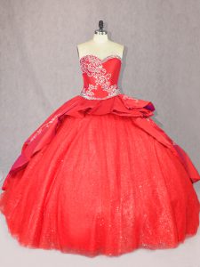 Court Train Ball Gowns Sweet 16 Quinceanera Dress Red Sweetheart Tulle Sleeveless Floor Length Lace Up