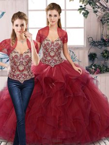 Floor Length Two Pieces Sleeveless Burgundy 15 Quinceanera Dress Lace Up