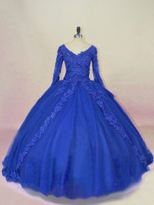 Low Price Royal Blue Ball Gowns Lace and Appliques 15th Birthday Dress Lace Up Tulle Long Sleeves