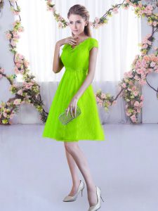 Attractive Lace V-neck Cap Sleeves Lace Up Lace Dama Dress in Yellow Green