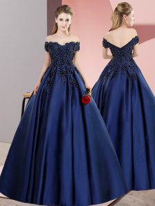 Fantastic Navy Blue A-line Lace Quinceanera Dress Zipper Satin Sleeveless Floor Length