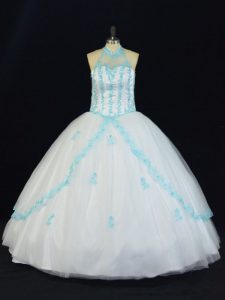 Blue And White Ball Gowns Halter Top Sleeveless Tulle Floor Length Lace Up Appliques Quince Ball Gowns