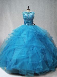 Vintage Aqua Blue Sleeveless Brush Train Beading and Ruffles Quinceanera Gowns