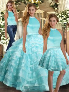 Organza Halter Top Sleeveless Backless Ruffled Layers Sweet 16 Dresses in Aqua Blue