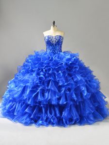 Sweetheart Sleeveless Organza Quinceanera Gowns Beading and Ruffles Lace Up