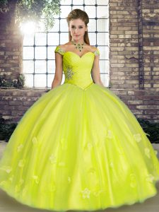 Tulle Off The Shoulder Sleeveless Lace Up Beading and Appliques Vestidos de Quinceanera in Yellow Green
