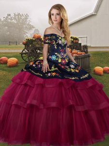 Fuchsia Tulle Lace Up Sweet 16 Dress Sleeveless Brush Train Embroidery and Ruffled Layers