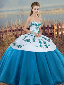 Blue And White Lace Up Sweetheart Embroidery and Bowknot Quinceanera Gown Tulle Sleeveless