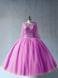 Fabulous Floor Length Lilac Quinceanera Gowns Scoop Long Sleeves Lace Up