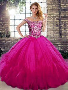 Super Fuchsia Lace Up Quinceanera Gown Beading and Ruffles Sleeveless Floor Length