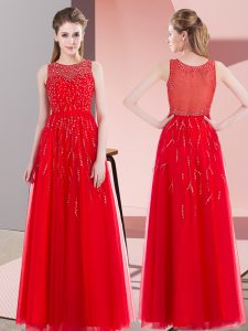 Scoop Sleeveless Prom Evening Gown Floor Length Beading Red Tulle