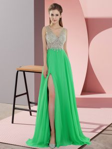 Green V-neck Neckline Beading Prom Party Dress Sleeveless Zipper