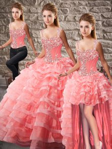 Fashionable Sleeveless Court Train Lace Up Beading and Ruffled Layers Quinceanera Gowns