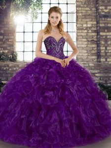 Fantastic Purple Organza Lace Up Sweetheart Sleeveless Floor Length Sweet 16 Dresses Beading and Ruffles