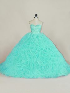 Delicate Aqua Blue Fabric With Rolling Flowers Lace Up 15 Quinceanera Dress Sleeveless Court Train Beading and Ruffles