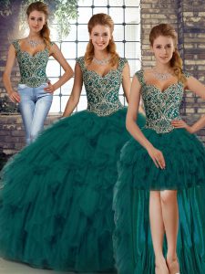 Fantastic Floor Length Peacock Green Sweet 16 Dresses Straps Sleeveless Lace Up