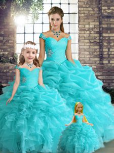 Sexy Aqua Blue Lace Up Quinceanera Gowns Beading and Ruffles and Pick Ups Sleeveless Floor Length