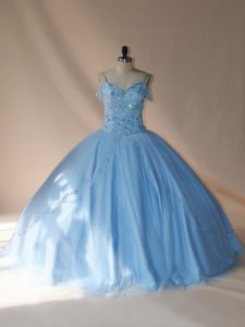 Sleeveless Tulle Brush Train Lace Up 15 Quinceanera Dress in Blue and Light Blue with Beading