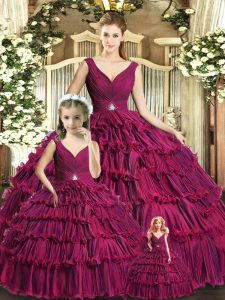 Floor Length Ball Gowns Sleeveless Burgundy Quinceanera Gowns Backless