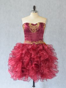 Wine Red Ball Gowns Sweetheart Sleeveless Organza Mini Length Lace Up Embroidery and Ruffles