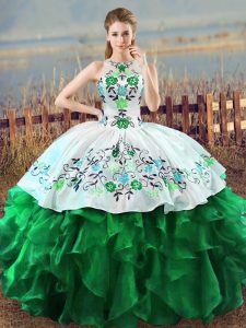 Custom Designed Green Sleeveless Embroidery and Ruffles Floor Length Sweet 16 Dress