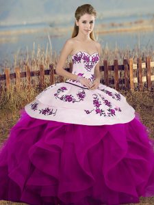 Dramatic Embroidery and Ruffles and Bowknot Vestidos de Quinceanera Fuchsia Lace Up Sleeveless Floor Length
