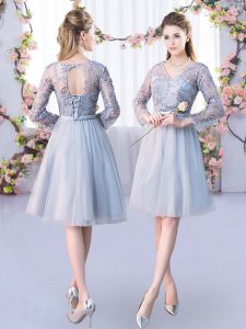 Grey Tulle Lace Up V-neck Long Sleeves Knee Length Dama Dress Lace and Belt