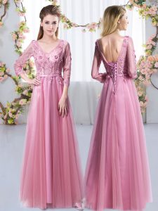 Pink Tulle Lace Up V-neck 3 4 Length Sleeve Floor Length Damas Dress Lace and Appliques