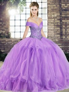 Flare Sleeveless Floor Length Beading and Ruffles Lace Up Quince Ball Gowns with Lavender