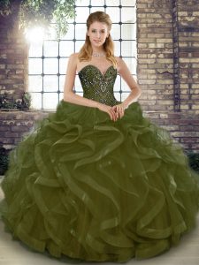 Popular Tulle Sweetheart Sleeveless Lace Up Beading and Ruffles Quinceanera Dress in Olive Green