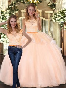 Sleeveless Organza Floor Length Zipper Sweet 16 Quinceanera Dress in Peach with Lace