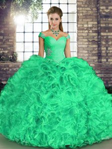 Attractive Turquoise Ball Gowns Organza Off The Shoulder Sleeveless Beading and Ruffles Floor Length Lace Up Quince Ball Gowns