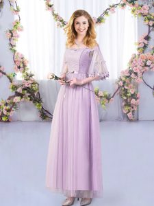 Lace and Belt Dama Dress for Quinceanera Lavender Side Zipper Half Sleeves Floor Length